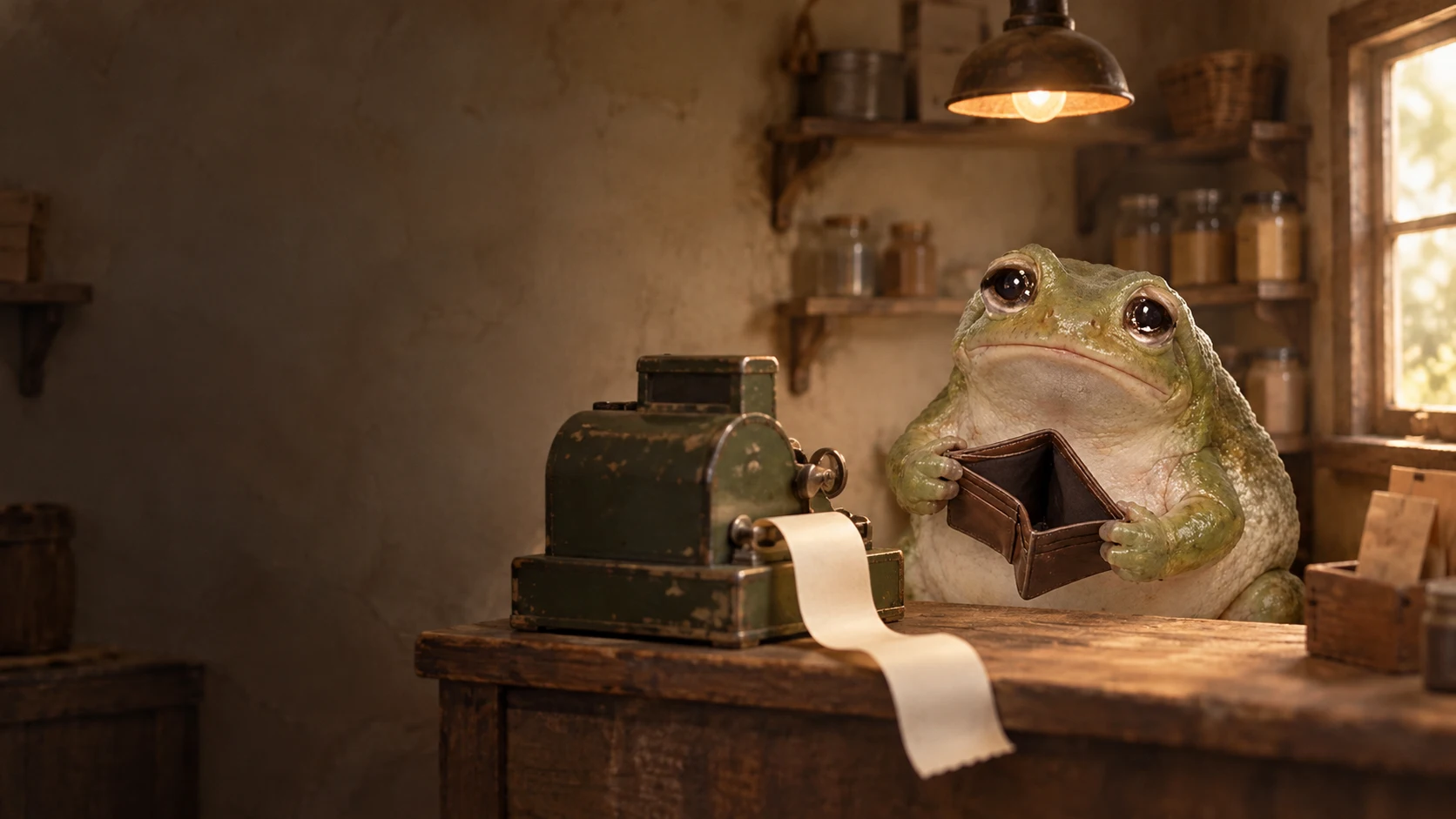 Cash Frog behind the counter of a small warm corner shop, beside an old olive cash register and a blank receipt